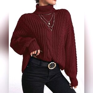 NEW Chunky Cable Knit Turtleneck Sweater Top Pullover Burgundy Red